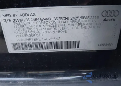 2007 Audi A3 2.0T z USA, uszkodzony, nr VIN WAUHF78P27A025642
